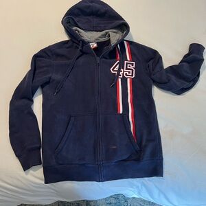 Navy Hoodie with Red and White Stripes